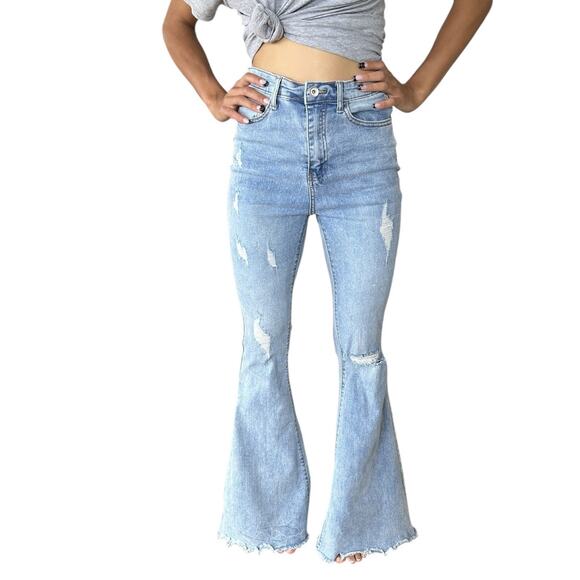 Skinny Fries Denim - Skinny Fries Flare Jeans Womens Size 5 Hi Waist Distressed Retro 70s Grunge Boho